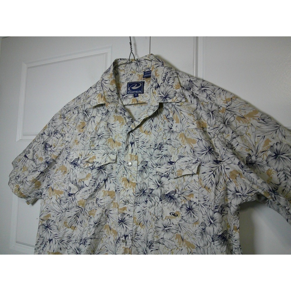 Roper Pearl Snap Shirt Mens‎ Medium Cream Blue Floral Hibiscus Western Rodeo - Picture 5 of 11